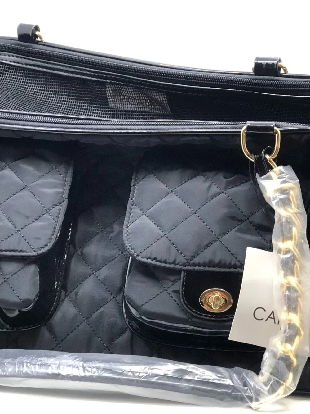 Canini by Baguette Quilted Black Pet Carrier Dog Travel Bag 18x9x10 in, NWT!